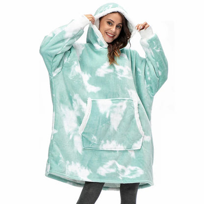 Angela - Soft Comfy Blanket with Hoodie Washed Green & White