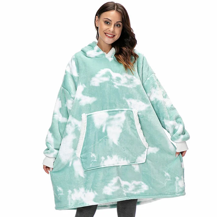 Angela - Soft Comfy Blanket with Hoodie Washed Green & White