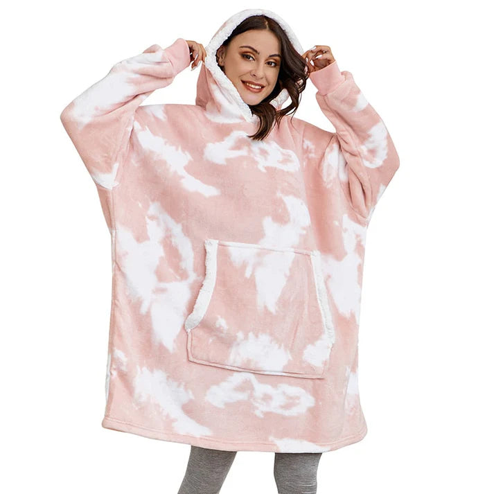Angela - Soft Comfy Blanket with Hoodie Washed Pink & White