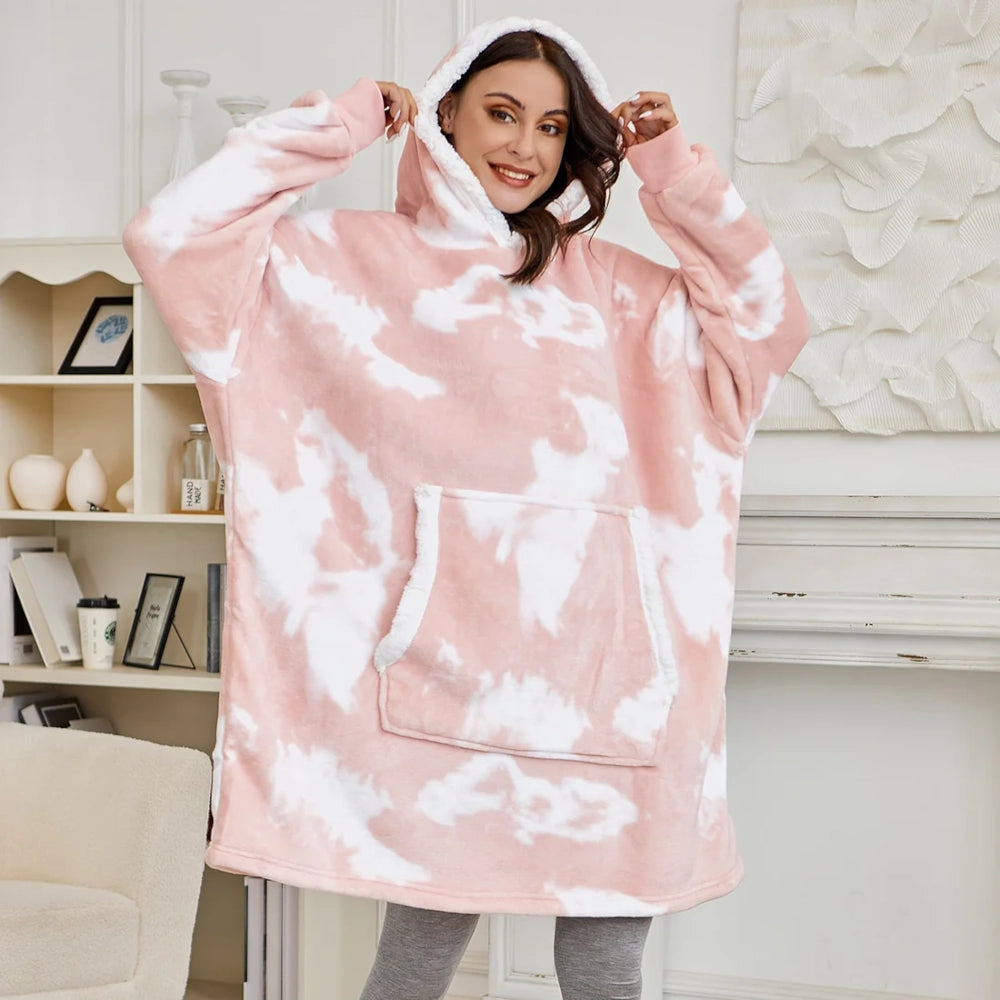 Angela - Soft Comfy Blanket with Hoodie Washed Pink & White