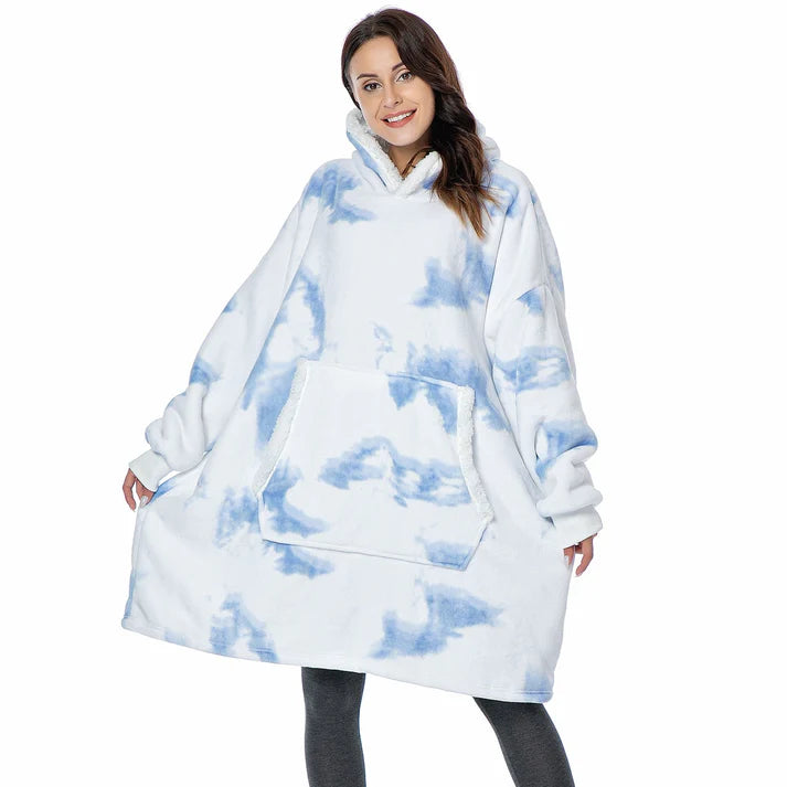 Angela - Soft Comfy Blanket with Hoodie Washed White & Blue
