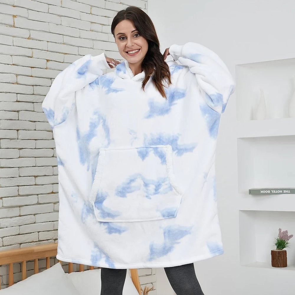Angela - Soft Comfy Blanket with Hoodie Washed White & Blue