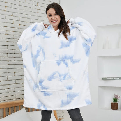 Angela - Soft Comfy Blanket with Hoodie Washed White & Blue