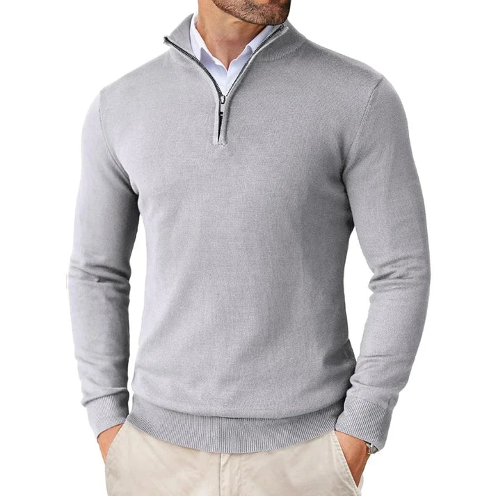 Charles - Merino WooL Sweater with Zip Light Gray