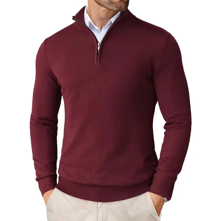 Charles - Merino WooL Sweater with Zip Wine Red
