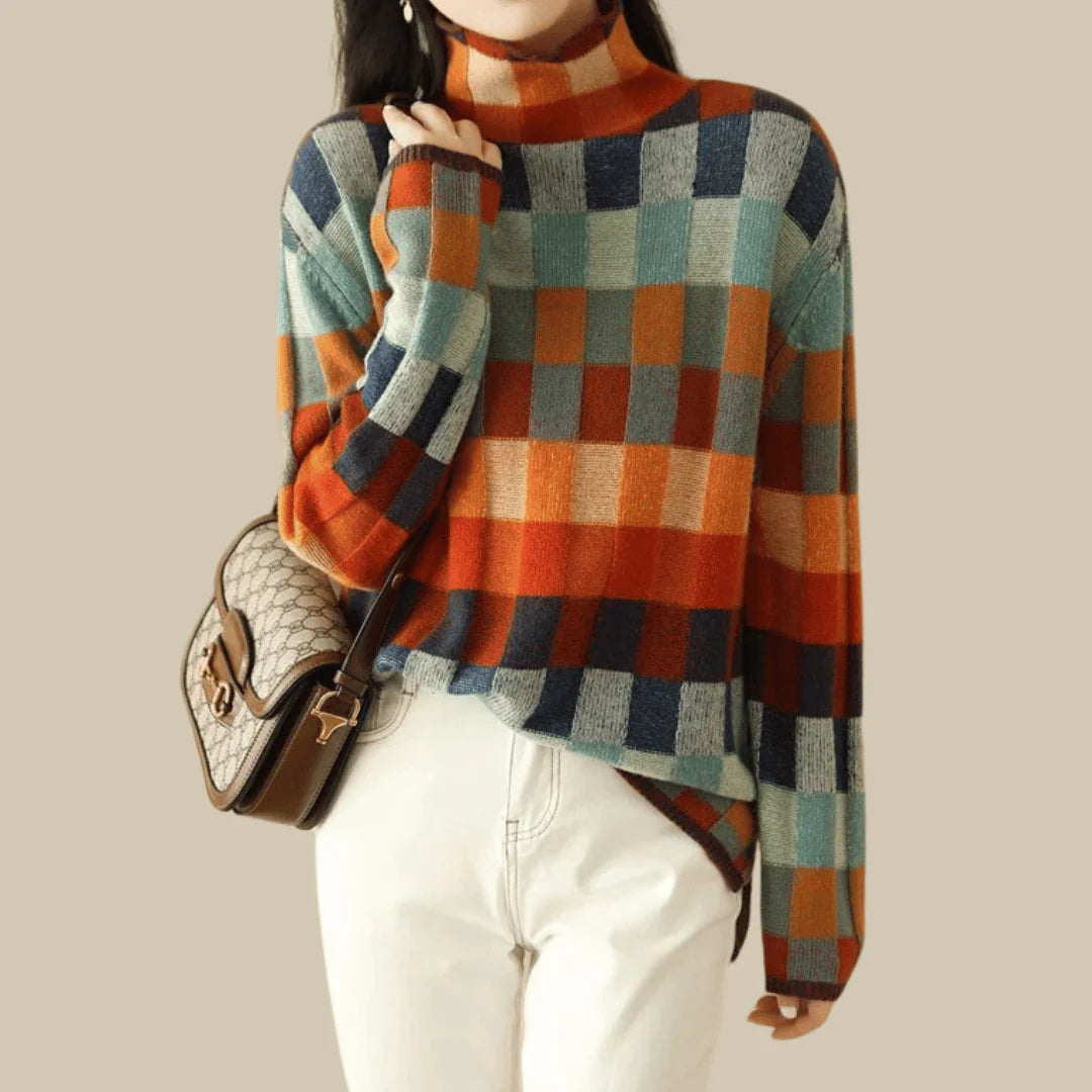 Faina - Merino Wool Patchwork Knit Sweater-Orange
