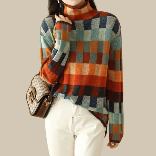 Faina - Merino Wool Patchwork Knit Sweater-Orange