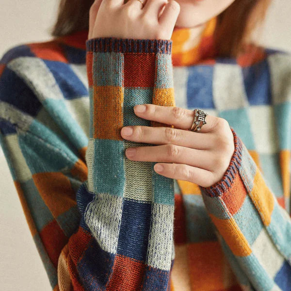 Faina - Merino Wool Patchwork Knit Sweater-Orange