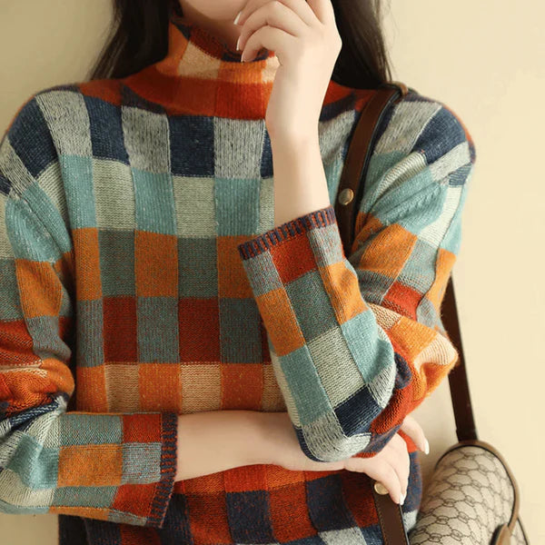 Faina - Merino Wool Patchwork Knit Sweater-Orange