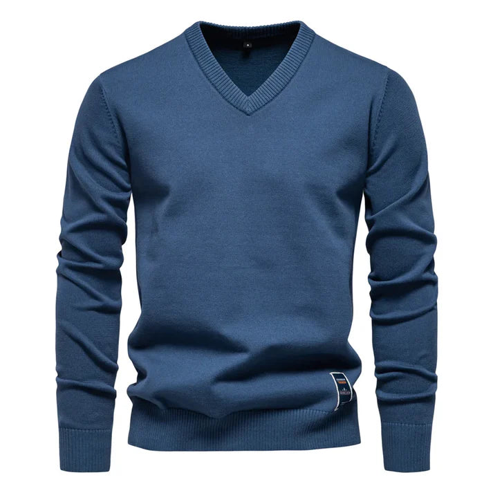 Nick - Merino Wool V-neck Sweater-Blue