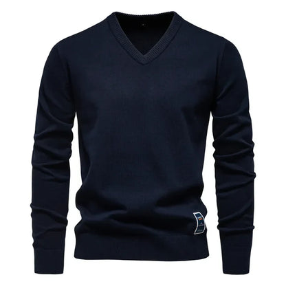 Nick - Merino Wool V-neck Sweater-Navy Blue