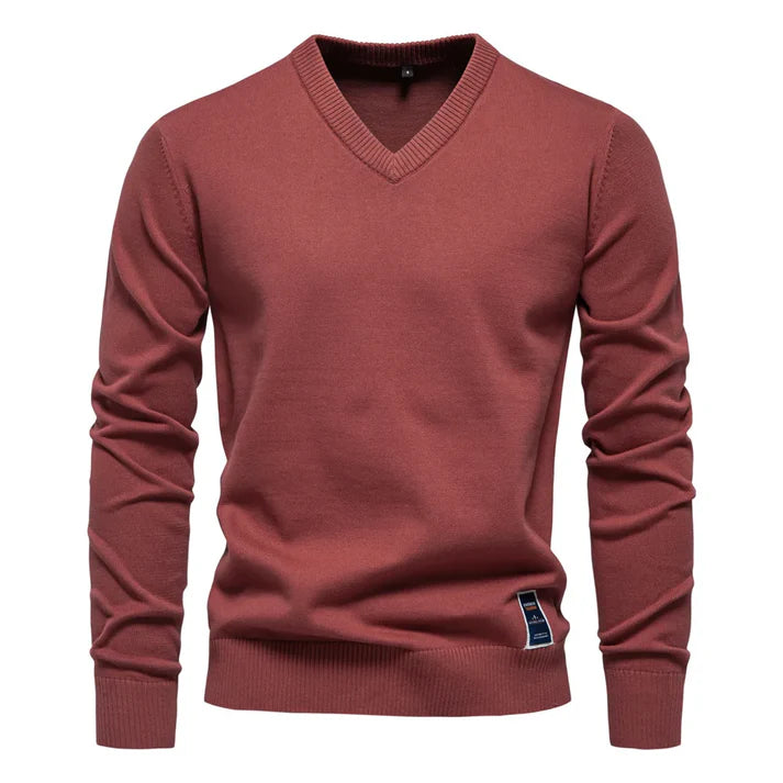 Nick - Merino Wool V-neck Sweater-Red